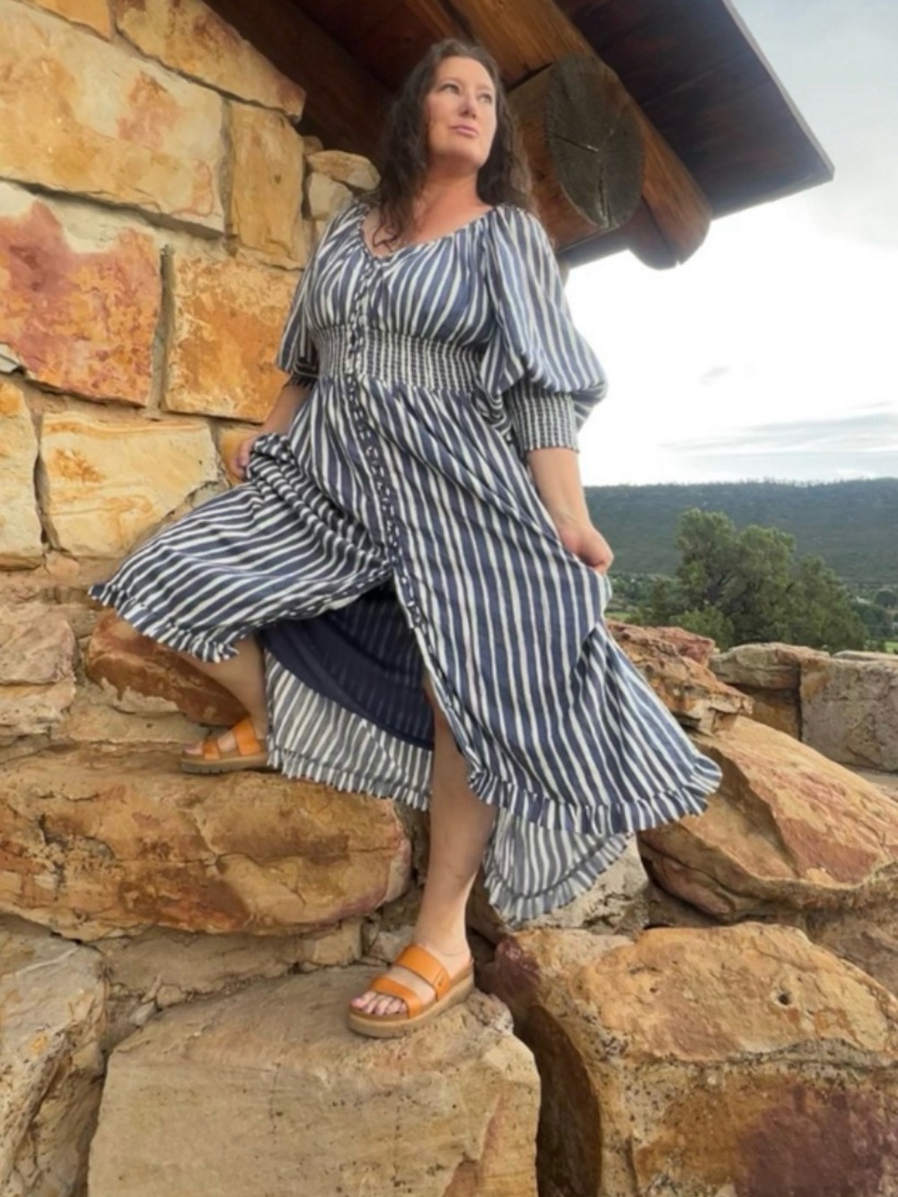Anthropologie 1X Striped Long-Sleeve Sweetheart Button Front Peasant Dress NWT - Picture 9 of 12
